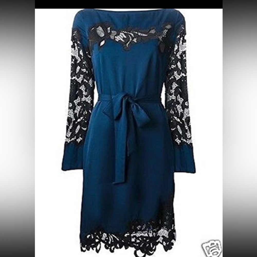 Diane Von Furstenberg Royal Blue Dress with Black Lace - Sz 10 - never worn!